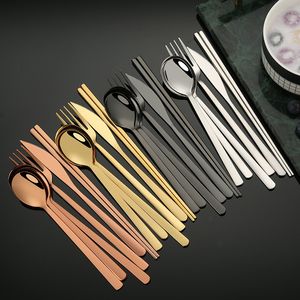 Tenedor de acero inoxidable, cuchillo, cuchara, postre, cuchara de café, cubiertos de plata, oro y negro, juego de vajilla de cocina para el hogar