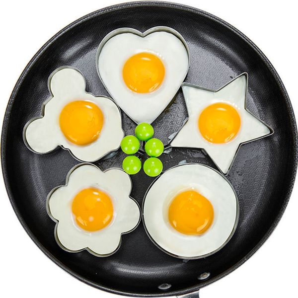 Herramientas de acero inoxidable para huevos fritos, forma de corazón, flor redonda, estrella, panqueque, tortilla, anillo, moldes, modelo de cocina, 5 diseños