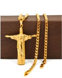 Pendentif croix du Christ Rédempteur en acier inoxydable doré, statue de Rio De Janeiro du Brésil, pièce de Jésus avec chaîne cubaine de 5 mm, collier 3799419