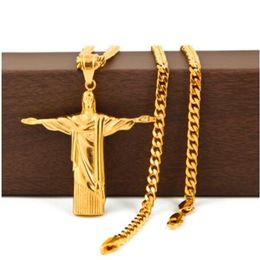 Colgante de cruz de Cristo Redentor de oro de acero inoxidable, estatua de Río de Janeiro de Brasil, pieza de Jesús con collar de cadena cubana de 5 mm 2704