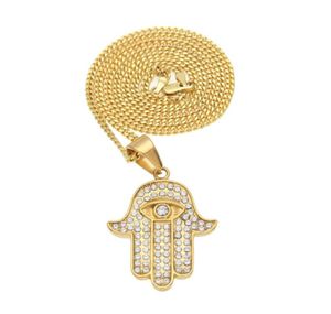 Rvs Goud Kleur Hamsa Hand Hanger Iced Out Strass Hand van Fatima Sieraden Met 3mm 24 inch Cubaanse ketting6463482