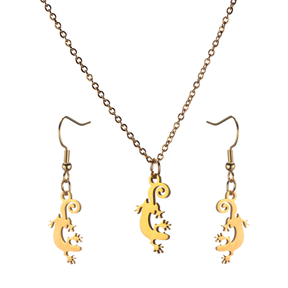 Stainless Steel Gold Silver Color lizard Jewelry Set Fashion Animal jewelry Gecko Jewelry Set Necklcaes Dangle Earrings for Women