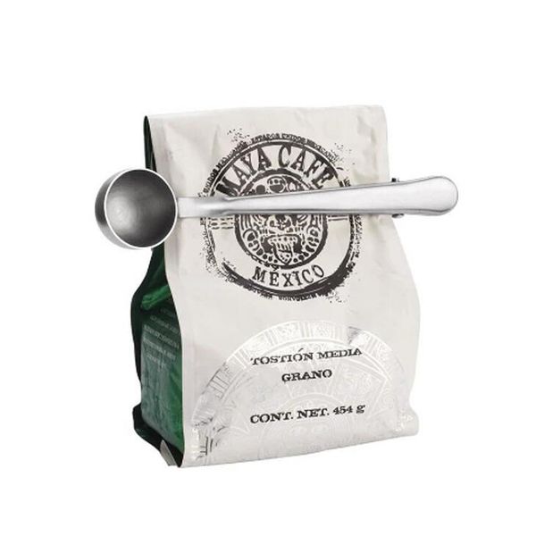 Cuillère à mesurer le café moulu en acier inoxydable avec clip de joint de sac cuillère à mesurer en argent outil de cuisine LX2173