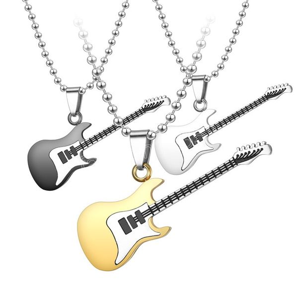 Collier de Couple de guitare en acier inoxydable pour hommes femmes Instrument de musique pendentif perles chaîne cadeau de bijoux de mode