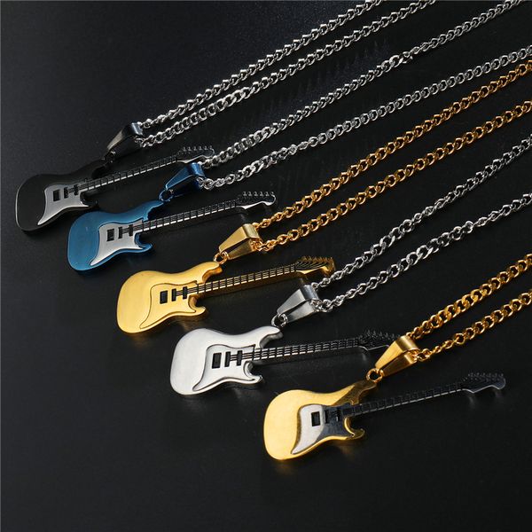 Colliers de guitare en acier inoxydable pour hommes et femmes, cadeaux pour amateurs de musique, noir, or, bleu, argent, pendentif, chaîne à maillons, mode Hip Hop