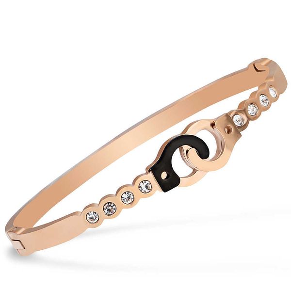 Bracelet de menottes en acier inoxydable or rose pour les femmes Bracelets de manchette Bracelet Zircon Bijoux Hommes Hip Hop Rock Ami Couple Q0717