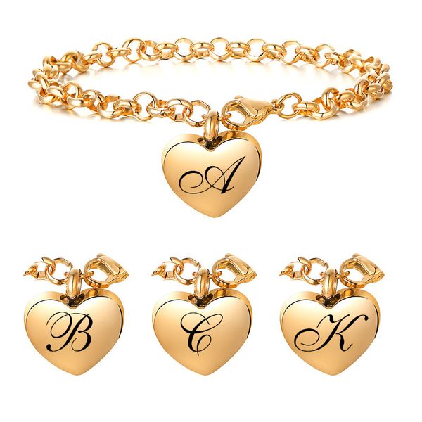 Bracelets d'identification en acier inoxydable avec breloque en forme de cœur pour femme, personnalisés de A à Z, 26 lettres initiales de l'alphabet doré, bijoux pour Noël, la Saint-Valentin, un anniversaire, un cadeau pour maman