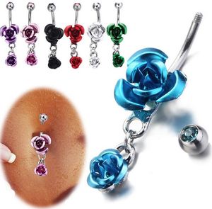 Acier inoxydable hypoallergénique nombril anneaux cristal rose fleur corps piercing barre bijoux pour femmes bikini mode nombril anneau