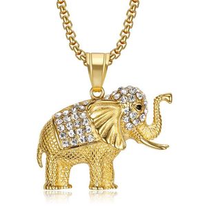 En acier inoxydable Colliers de pendentif d'éléphant cristal de cristal d'éléphant de cristal avec des bijoux argentés argentés en or de hip hop