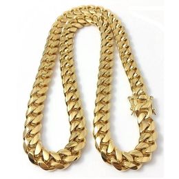 Bijoux en acier inoxydable 18K Gold rempli plaqué High Polied Cuban Link Collier Men Punk Curb Chain Dragon Latch fermoir 15 mm 24 "/ 2 XQSW