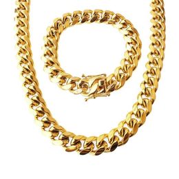 Комплект ювелирных изделий из нержавеющей стали, 18-каратное позолоченное высокое качество, кубинское ожерелье, браслет для мужчин, цепочка-чокер с бордюром, 1, 5 см, 8, 5, 212h