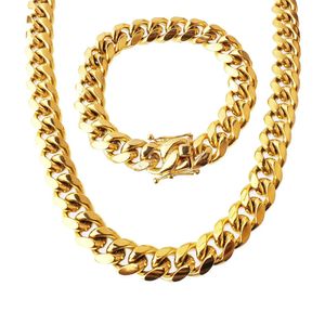 Ensemble de bijoux en acier inoxydable plaqué or 18 carats de haute qualité Bracelet à maillons cubains pour hommes Chaîne ras du cou gourmette 1,5 cm 8,5 