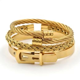Ensemble de Bijoux en acier inoxydable, Design de ceinture, Bracelet à boucle, câble en or noir, bracelet en métal pour femmes, cadeau pour amoureux de Bijoux 240131
