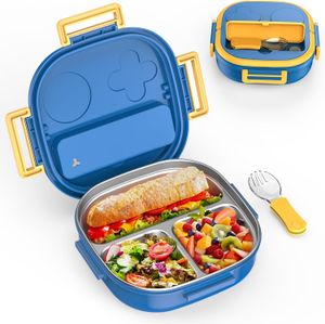 Roestvrijstalen Kid Bento Box, lekvrij, 3-compartimenten, lunchbox met draagbaar bestek, ideale portiegroottes voor kinderen van 3 tot 10 jaar