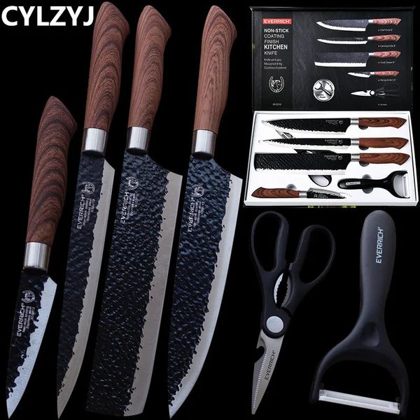 Juego de cuchillos de cocina de acero inoxidable, herramientas, cuchillo de cocina forjado, tijeras, pelador de cerámica, cortador de Chef, cuchillo de pelar Nakiri, estuche de regalo 240118