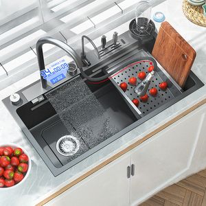 Évier de cuisine en acier inoxydable Cuba Cascade Noir Nano Lavabo Smart Évier Grand Multifonctionnel Tactile Cascade Robinet Évier