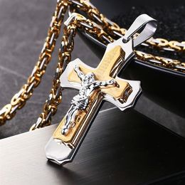 Colar de corrente de ligação de aço inoxidável crucifixo pingente colares para homens jesus peça cruz jóias masculinas 22-28 longo fc083301a