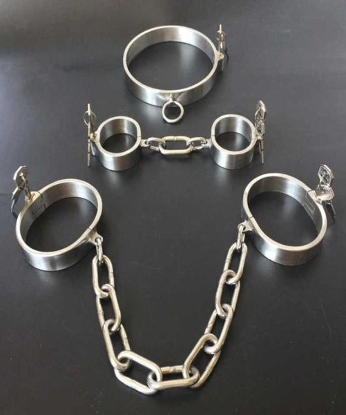 Collier de cou verrouillable en acier inoxydable, menottes de cheville, esclave BDSM, chaînes de bondage, fers à jambes, jouets sexuels pour couples Y21228505