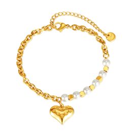 Bracelet à breloques coeur d'amour en acier inoxydable, chaîne de perles, cadeaux de noël pour femmes, chaîne d'extension de 6.5 pouces + 5cm n1441