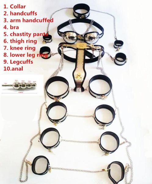 Dispositif en acier inoxydable 10 pièces/ensemble, cage de bondage, ceinture de retenue, menottes, esclave sexuel pour adulte 3100843