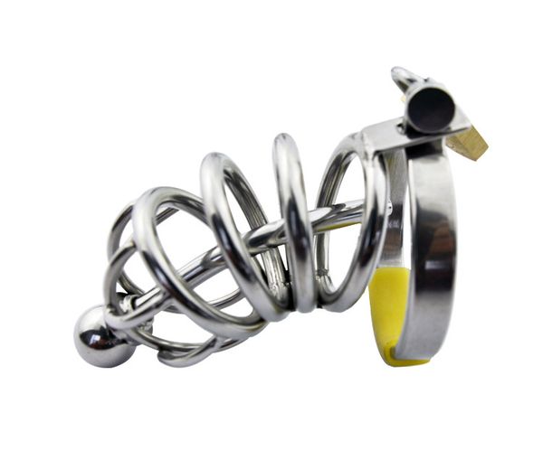 Dispositivo de castidad masculina de acero inoxidable, jaula para pene con catéter uretral, anillo para pene, juego para adultos, juguete sexual