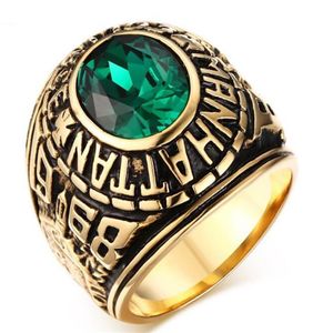 RVS Manhattan College Ring met Groene CZ Kristal voor Heren Dames Afstudeercadeau Vergulde Amerikaanse maat 7-11268G