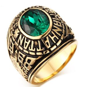 RVS Manhattan College ring met groene CZ kristal voor heren dames afstudeercadeau vergulde Amerikaanse maat 7-11242S