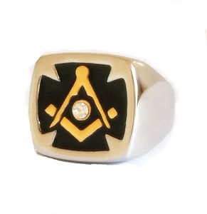 Bijoux en acier en acier inoxydable Templier Masonic Cross Ring Jewelry Men's Men's 18K Gold Silver Unique Freemasonry Bijoux avec Crystal CZ Jewel Stone Black Email