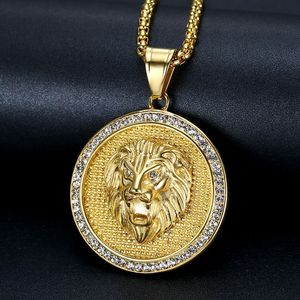 Acier inoxydable hommes strass rond tête de lion étiquette chaîne cubaine Hip Hop collier Collares Harajuku gothique Punk tour de cou Collares pendentif