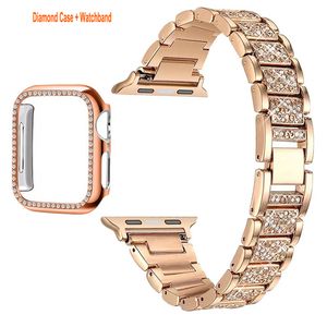 Roestvrijstalen maasbanden kisten compatibel voor Apple Watch 45mm 44 mm 42 mm 41 mm 40 mm 38 mm vrouwen bling beschermende diamantkas met lusband ik bekijk serie 7 6 5 4 3 2 1 s8