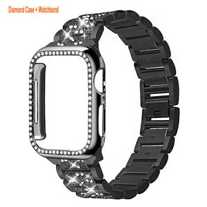 Roestvrijstalen mesh horlogebanden cases compatibel voor Apple Watch 45 mm 42 mm 41 mm vrouwen bling beschermende kristallen diamantkast met riem voor AppleWatch Series 8 7 6 5 4 3