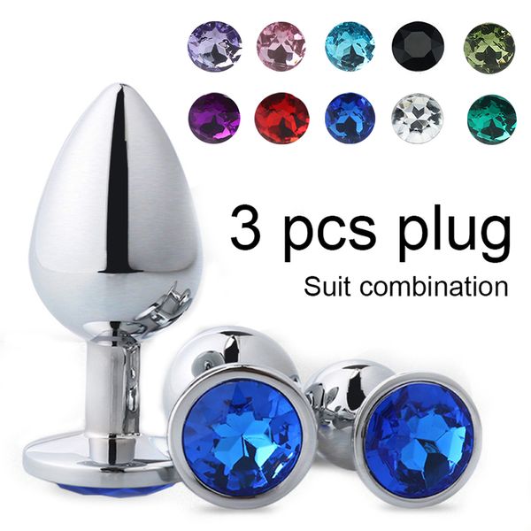 plug anal en acier inoxydable Métal 3 pièces ensemble diamant plug anal et7 pouces vibrateur vibration femme pulvérisation sex toys vibrateur adulte Y200422