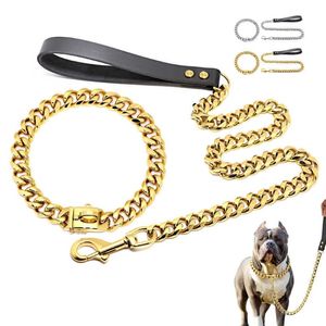 Accessoires de chien en acier inoxydable en métal doré collier de chaîne laisse collier de dressage pour animaux de compagnie pour chiens de taille moyenne Pitbull bouledogue français X07281q