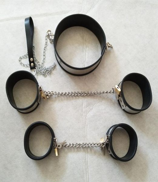 Metal de acero inoxidable con silicona Hombre Restricción Cuello Collar Esposas Tobillo Puños BDSM Fetiche Bondage Juguetes sexuales Hombre Esclavo Role4220701