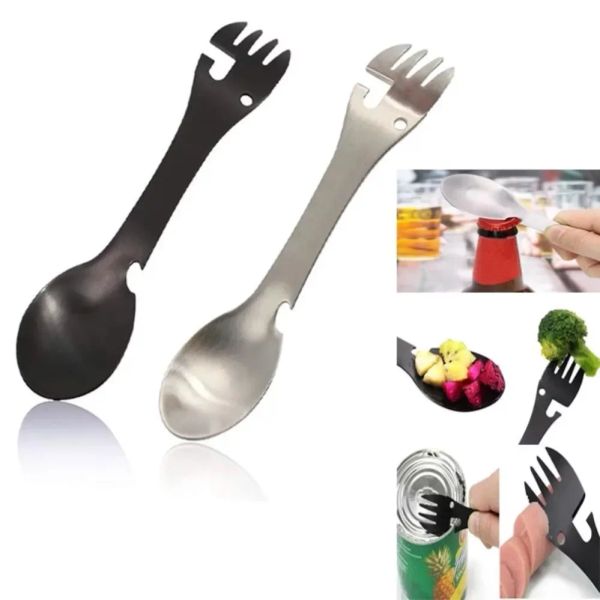 Acier inoxydable multi outil bouteille ouvre-boîte cuillère couverts multitool ustensile fourchette vaisselle camp pique-nique couverts Portable Spork Nouveau