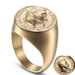 Anillo de escultura de cabeza de Napoleón de acero inoxidable Oro Sólido Hombres Tamaño estándar de EE. UU. 7 8 9 10 11 12 13 14 Letra tridimensional Extra 255t