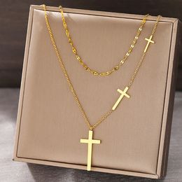Colliers en acier inoxydable croix Pendante Chain multicouche Chaîne à double usure empilée Luxury Luxury Fine