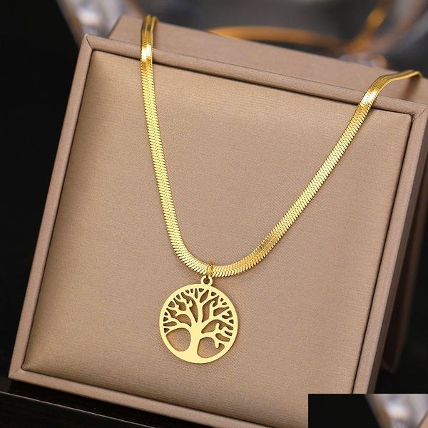 Colliers en acier inoxydable Serpent Herringbone Lame Chaîne Tendance Gothique Vintage Fortune Arbre Pendentifs Collier Pour Femmes Bijoux Dhgarden Otnzu