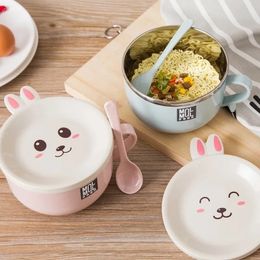 Roestvrijstalen noedels kom dubbele laag ramen anti-scalding instant noodle bowl schattig konijn met deksel en lepel tafelgerei