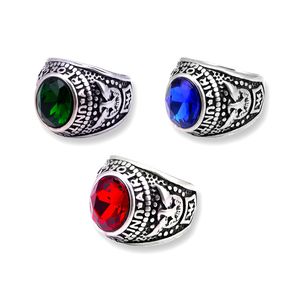 Officiers en acier inoxydable United States Force Military Ring Men's Silver Retro Antique American Soldiers Military Eagle Rings Ruby Red Blue Green Stone Bijoux