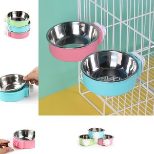 Roestvrij staal Pet Dog Cat Bowls Slot op kooi kommen voeding drink huisdierbenodigdheden hondenkommen feeders drop schip