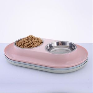 Roestvrij staal Pet Dog Dubbele kommen Voedsel Waterplaat Basin Puppy Splashbestendig Design Feeding Bowl -benodigdheden Y200917