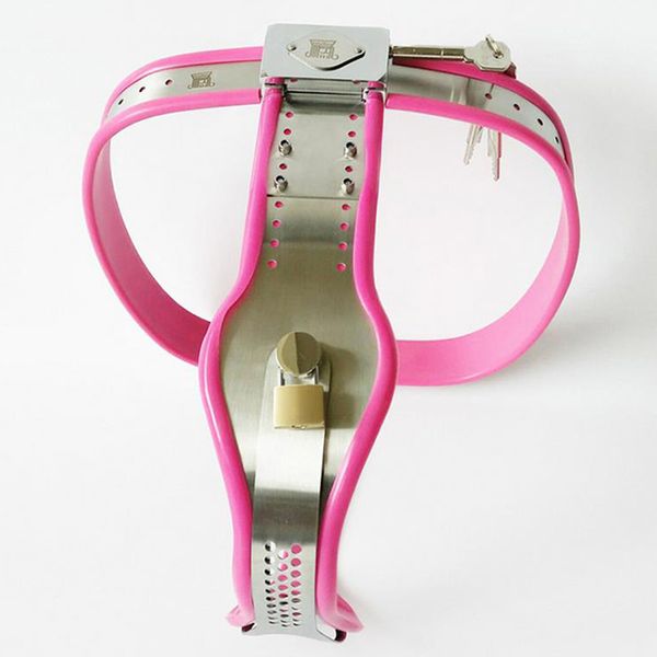 Cinturón de castidad rosa de acero inoxidable Dispositivo de castidad del ejecutor BDSM Toyos sexuales Cinturón de castidad femenina Ajustable para mujeres