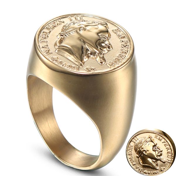 Anillo de escultura de cabeza de Napoleón de acero inoxidable Oro sólido Hombres EE. UU. Tamaño estándar 7/8/9/10/11/12/13/14 Letra tridimensional Joyería de dedo extra grande