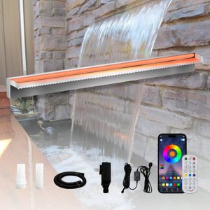 Roestvrijstalen vijveroverlaat Waterval Zwembadfontein APP-gestuurd Kleurrijk LED-licht Waterpartij Buitentuinfonteinen Watervallen Blade Kit-90x20x10cm