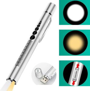 Linterna de pluma de fuente de luz dual médica de carga USB portátil de acero inoxidable Luces de pluma de luz blanca amarilla LED con indicador de pupila para enfermera médico