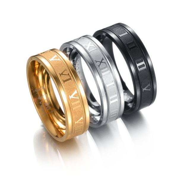 acier en acier inoxydable bande numérique Ring Band Gold Numéro de lettre noire Men des femmes