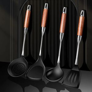 Spatule en silicone en bois de rose en acier inoxydable, pelle à frire, ensemble d'ustensiles de cuisine étendus et épaissis 240226