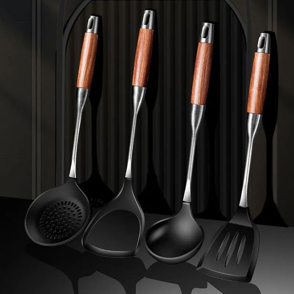 Spatule en silicone en bois de rose en acier inoxydable, pelle à frire, ensemble d'ustensiles de cuisine étendus et épaissis 240226