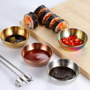 Platos redondos de acero inoxidable para condimentos, cuencos, tazas para condimentos, plato pequeño para sumergir Sushi, platillos, Mini platos para aperitivos, nuevo